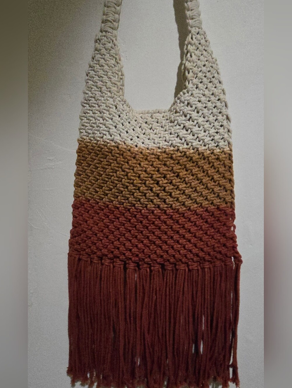 Long Handwoven Tri-Color Fringe Shoulder Bag - Cream, Tan & Rust Made In INDIA